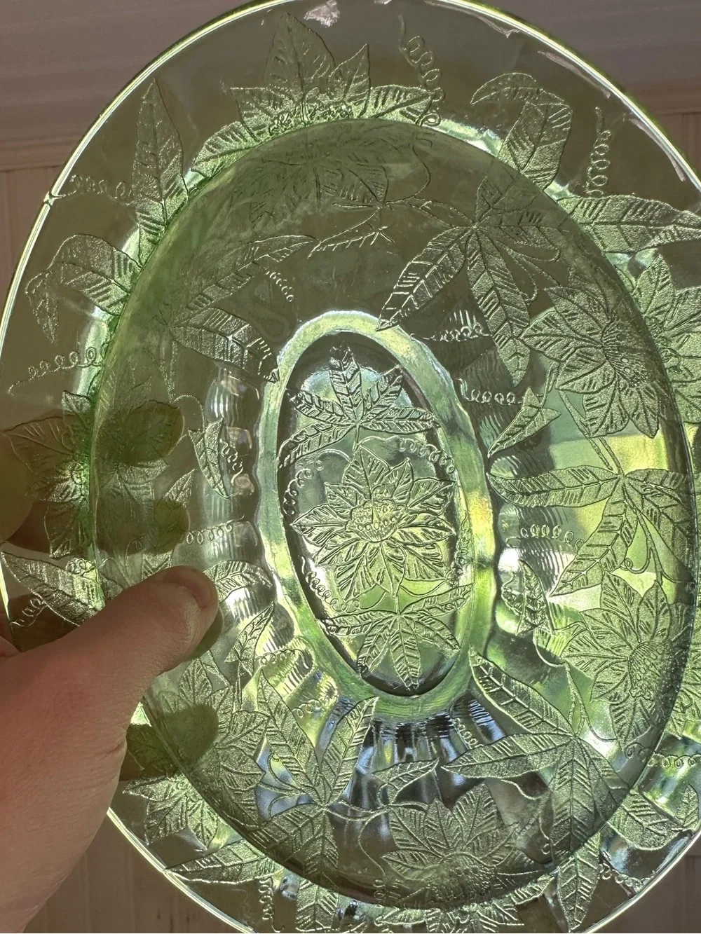 Jeanette’s Glass Ponsettia Uranium Glass Oval Bowl